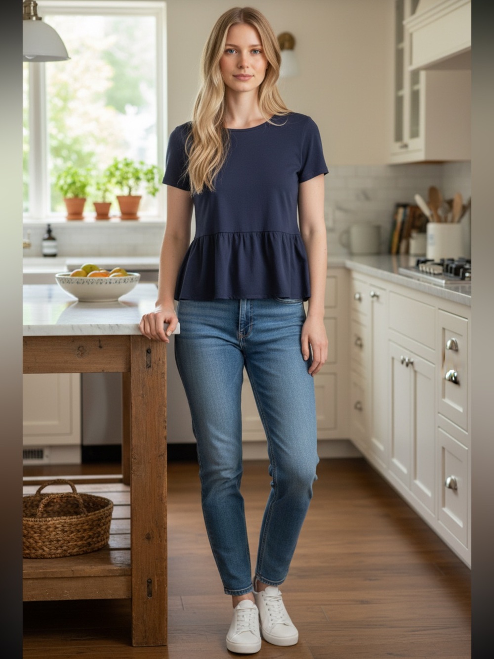 Talbots Navy Short‑Sleeve Peplum Cotton Tee | Size S | EUC